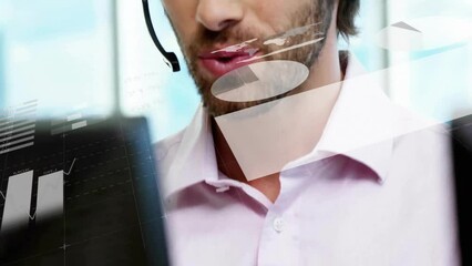 Poster - Animation of financial data processing over caucasian businessman using phone headsets