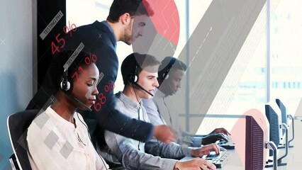 Poster - Animation of financial data processing over diverse business people using phone headsets