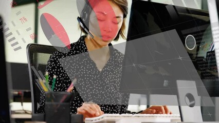 Poster - Animation of financial data processing over caucasian businesswoman using phone headsets