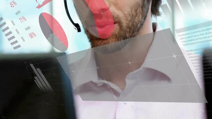 Poster - Animation of financial data processing over caucasian businessman using phone headsets