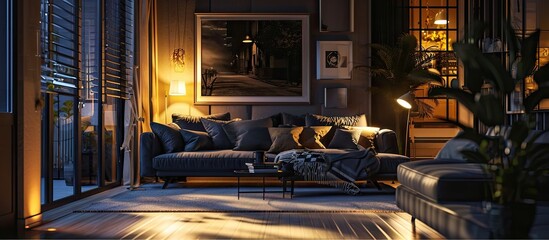 Poster - Night scene of a stylish and modern living room. with copy space image. Place for adding text or design
