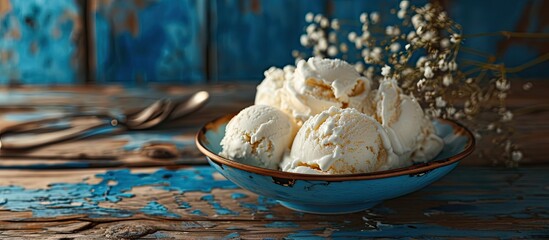 Aufkleber - Serving of delicious frozen creamy vanilla ice cream on a modern rectangular plate outdoors on a blue rustic picnic table for summer dessert. with copy space image. Place for adding text or design
