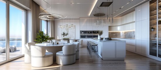 Poster - New flat with round table white chairs and open kitchen. with copy space image. Place for adding text or design