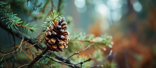 Poster - Spring pine cone on a stick with blurry shallow depth of field. with copy space image. Place for adding text or design