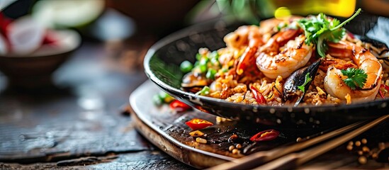 Aufkleber - Seafood Tom Yum Fried Rice Stir fried rice with shrimp and squid with chilli sauce on white plate. with copy space image. Place for adding text or design