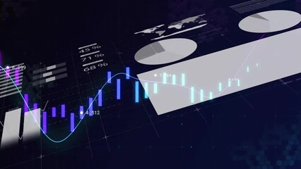 Poster - animation of financial data processing and statistics over black background