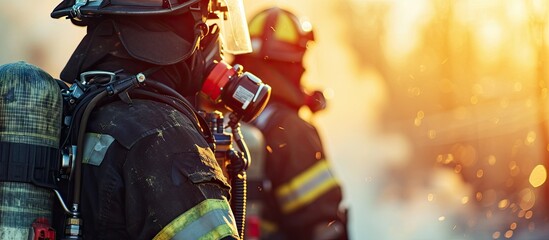 Poster - Professional firefighter assists his partner in securely fastening and adjusting the oxygen tank ensuring proper fit and functionality for respiratory support in hazardous environments