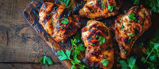 Aufkleber - Roasted chicken meat pieces Grilled boneless skinless chicken thigh Top view. with copy space image. Place for adding text or design