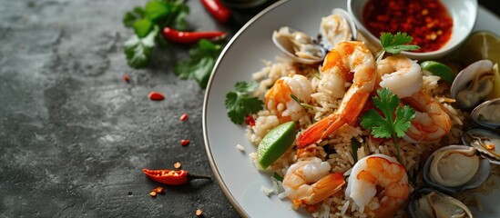 Aufkleber - Seafood Tom Yum Fried Rice Stir fried rice with shrimp and squid with chilli sauce on white plate. with copy space image. Place for adding text or design