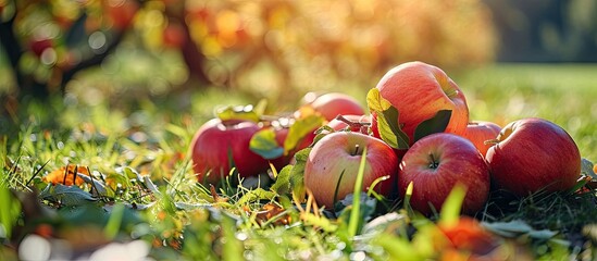 Poster - Organic apples in basket in summer grass Fresh apples in nature. with copy space image. Place for adding text or design