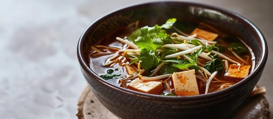 Poster - Pho soup with tofu in a bowl The image is fully sharp front to back Clipping path. with copy space image. Place for adding text or design