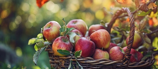 Aufkleber - Organic ripe fruit in basket in autumn garden Fresh harvest of apples Nature fruit concept. with copy space image. Place for adding text or design