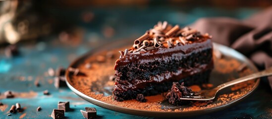 Poster - Piece of delicious fresh homemade chocolate sponge cake on wooden table. with copy space image. Place for adding text or design