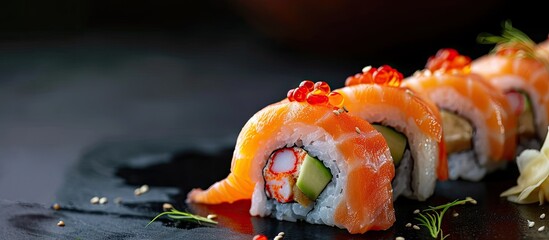 Fototapete - Philadelphia roll sushi with salmon prawn avocado cream cheese Sushi menu. with copy space image. Place for adding text or design
