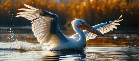 Poster - Nature in romania danube a graceful white pelican gliding on the tranquil waters of a nature reserve wildlife Delta landscape. with copy space image. Place for adding text or design