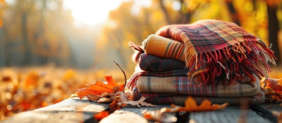 Poster - Stack of woolen checked blankets autumn and winter concept banner size. with copy space image. Place for adding text or design