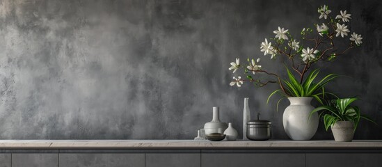Poster - Sideboard in front of a grey wall with art objects. with copy space image. Place for adding text or design