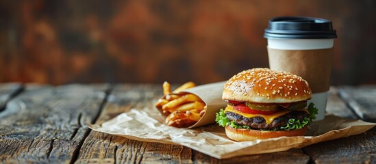 Aufkleber - Takeaway paper coffee cup with lunch bag and burger box on beige Snack delivery service Coffee to go Grab and go or carry out beverage Disposable mockup packaging Place for text Minimal