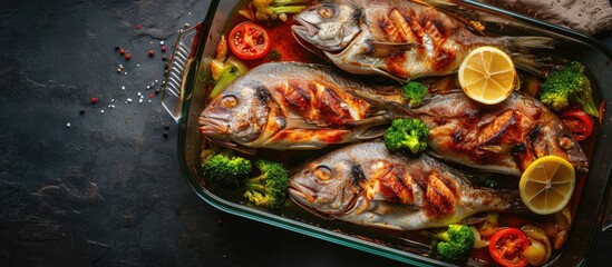 Aufkleber - Salmon Baked roasted fish steaks slices Grilled salmon trout fillet fish in marinade with broccoli in baking dish Diet meal dinner Top view. with copy space image. Place for adding text or design