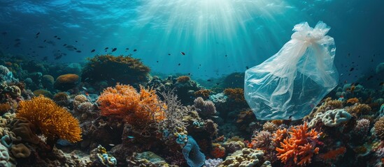 Aufkleber - Plastic pollution a discarded plastic rubbish bags floats on a tropical coral reef presenting a hazard to marine life. with copy space image. Place for adding text or design