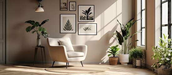 Poster - Trendy creme colored armchair in Scandinavian living room interior with gallery of posters on beige wall. with copy space image. Place for adding text or design
