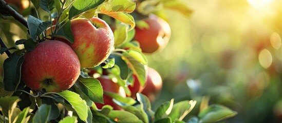 Poster - Organic apples in basket in summer grass Fresh apples in nature. with copy space image. Place for adding text or design