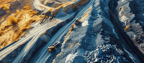 Poster - Open pit mining quarry processes crushed type rock with gravel conveyance in work. with copy space image. Place for adding text or design