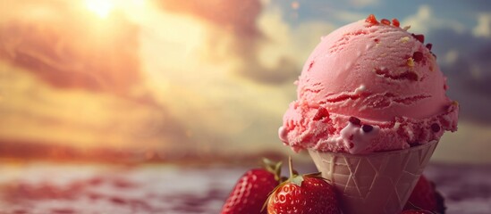 Aufkleber - Strawberry ice cream floating balloon carrying a waffle cone on a wonderful adventure surrounded by favorite toppings. with copy space image. Place for adding text or design