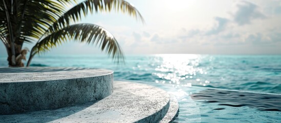 Fototapete - Summer sand and tropical sea background with abstract stone podium. with copy space image. Place for adding text or design