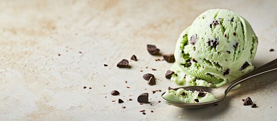Aufkleber - Organic Green Mint Chocolate Chip Ice Cream with a Spoon. with copy space image. Place for adding text or design