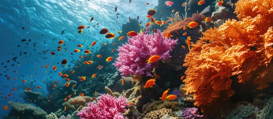 Poster - Pink and orange corals and school of swimming tropical fish Snorkeling on the colorful coral reef underwater photography Vivid healthy marine wildlife Ocean ecosystem. with copy space image
