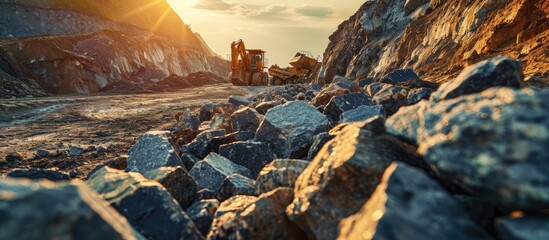 Poster - Open pit mining quarry processes crushed type rock with gravel conveyance in work. with copy space image. Place for adding text or design