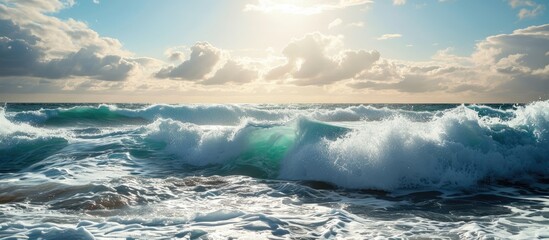 Aufkleber - ocean view seascape landscape Big surfing ocean wave splitted by waterline with slightly cloudy sky and the sun. with copy space image. Place for adding text or design