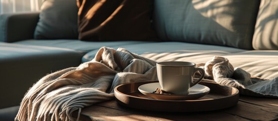 Poster - Tray with cup of coffee and soft chunky knit blanket on sofa indoors. with copy space image. Place for adding text or design