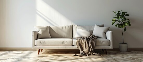 Poster - Pillow and blanket on elegant sofa in spacious living room with copy space wall. with copy space image. Place for adding text or design