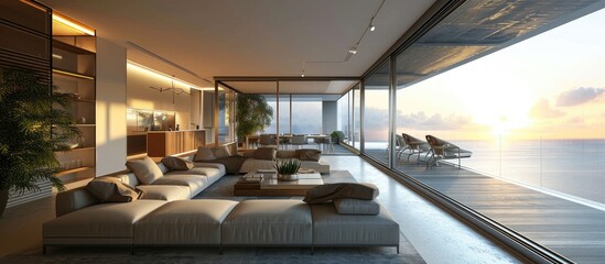 Poster - Spacious living room with balcony doors and large sofa. with copy space image. Place for adding text or design