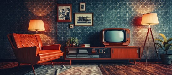 Poster - Stylish retro room with sofa and vintage TV. with copy space image. Place for adding text or design