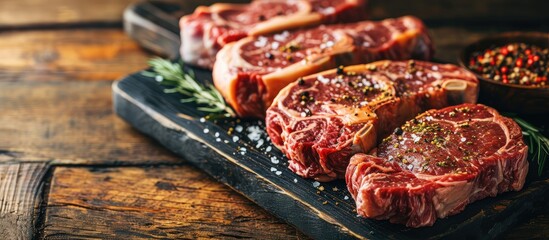 Poster - Raw dry aged wagyu rib eye beef steaks offered as close up on a rustic black board with copy space. with copy space image. Place for adding text or design