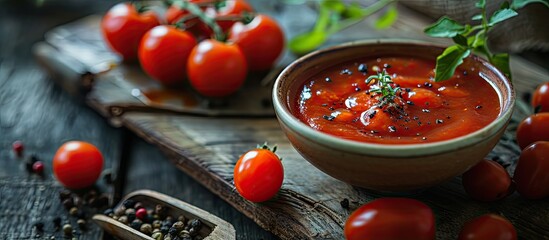 Aufkleber - Tomato ketchup sauce in a bowl with spices herbs and cherry tomatoes Selective focus. with copy space image. Place for adding text or design