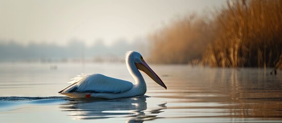 Poster - Nature in romania danube a graceful white pelican gliding on the tranquil waters of a nature reserve wildlife Delta landscape. with copy space image. Place for adding text or design