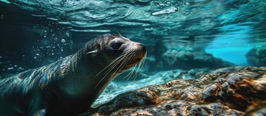 Poster - Seal phoca swims underwater Underwater seal. with copy space image. Place for adding text or design