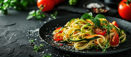 Poster - Pasta spaghetti with zucchini basil cream and cheese on black stone table Vegetarian vegetable pasta Zucchini noodles Top view. with copy space image. Place for adding text or design
