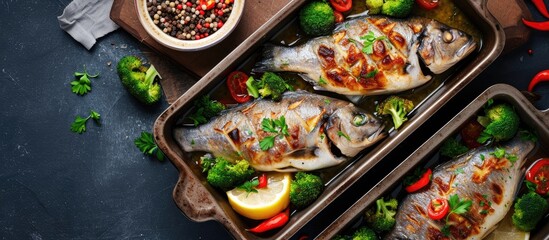 Wall Mural - Salmon Baked roasted fish steaks slices Grilled salmon trout fillet fish in marinade with broccoli in baking dish Diet meal dinner Top view. with copy space image. Place for adding text or design