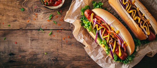Poster - Two hot dogs with ketchup and mustard on parchment paper. with copy space image. Place for adding text or design