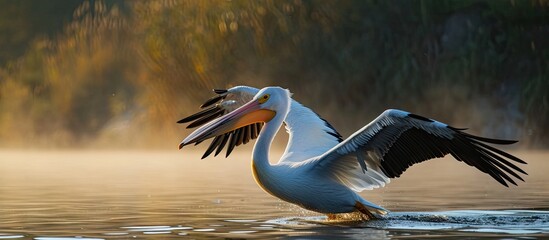 Poster - Nature in romania danube a graceful white pelican gliding on the tranquil waters of a nature reserve wildlife Delta landscape. with copy space image. Place for adding text or design