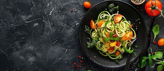 Poster - Pasta spaghetti with zucchini basil cream and cheese on black stone table Vegetarian vegetable pasta Zucchini noodles Top view. with copy space image. Place for adding text or design