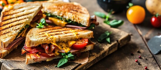 Poster - Sliced Grilled sandwiches bread with bacon ham and cheese with vegetable healthy breakfast. with copy space image. Place for adding text or design