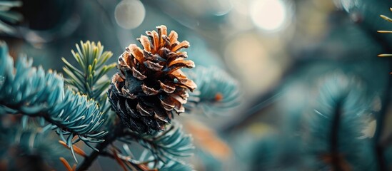 Poster - Spring pine cone on a stick with blurry shallow depth of field. with copy space image. Place for adding text or design