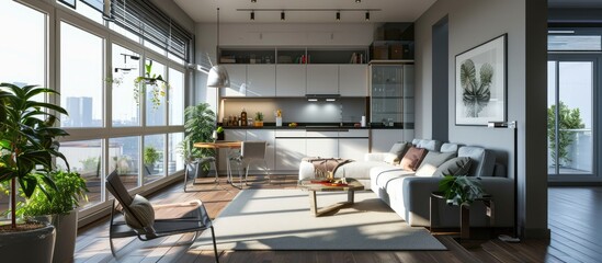 Poster - Open space studio apartment with kitchen and living area. with copy space image. Place for adding text or design
