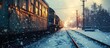 The freight train is moving along a snow covered railway. with copy space image. Place for adding text or design